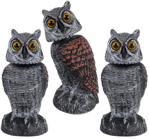 Hausse 3 Pack Bird Scarecrow Fake Owl Decoy Sculpture, Rotating Head Plastic Owl Bird Deterrents, 10.6 Inch Height Nature Enemy Horned Pest Repellent for Outdoor Garden Yard