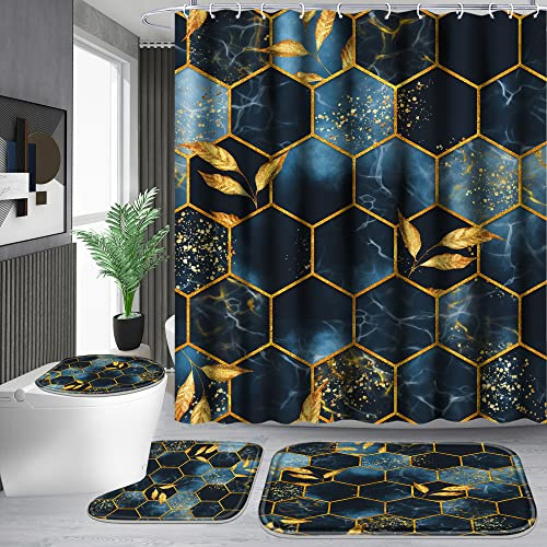 Poedist 4 Pcs Bathroom Shower Curtain Set,Bathroom Sets with Rugs(Bath Mat,U Shape and Toilet Lid Cover Mat) and 12 Hooks,Black and Blue Honeycomb Marble