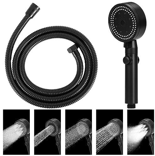 LoQuick Soffione Doccia Alta Pressione Risparmio Idrico,5 Funzioni Getto Doccino per Doccia,con 2 m Tubo,Doccetta Risparmio Acqua Universale,con Interruttore di Pausa on/off,Facile da Installare(Nero)