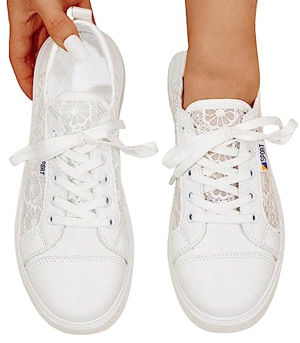 VBEDKDEB Sneaker Damen Weiß Sommer Leicht Weich Weisse Sneakers Schwarz Lässige Flache Schuhe Modische Atmungsaktiv Turnschuhe Trachtenschuhe Brautschuhe mit Spitze Bestickt (White, 40)