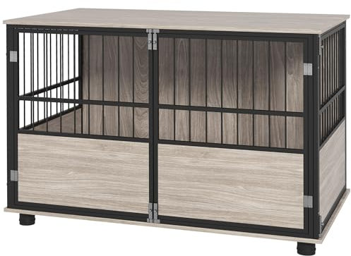 PawHut Hundekäfig für Zuhause, Hundehütte, rutschfest Haustierkäfig, Hundebox mit Türen, Hundehaus für bis große Hunde, Walnuss, 100 x 60 x 68 cm