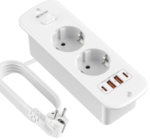 2-vägs inbyggt uttag, bordsuttag med USB-A och USB-C, med 2 m förlängningskabel och strömbrytare installation grenuttag, för kontor, hemma (vit)
