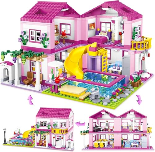TOY PLAYER Friends Pink Sommer Villa Klemmbausteinen Haus Konstruktionsspielzeug Friends Mädchen Haus Geschenk für Mädchen 8–18 und Erwachsene Liebhaber von Baust 1523PCS