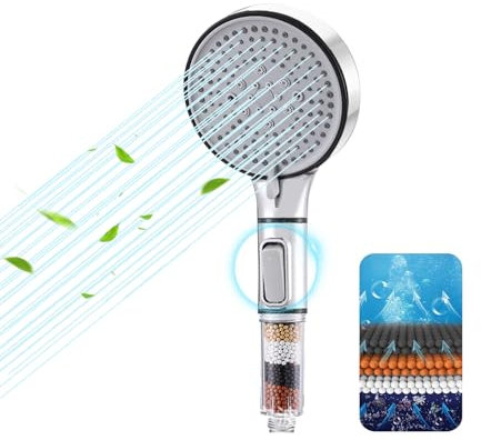 Soffione con Filtro, Soffione ad Alta Pressione con 5 Modalità, Soffione Pressurizzato in Pietra Extra-Large, Doccetta Anticalcare e a Risparmio Idrico per Acqua Dura e Clorata