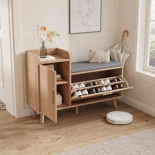 Armadietto portaoggetti Panca con seduta, mobile di stoccaggio a 3 ante per ingresso, soggiorno e camera da letto, 100 x 30 x 69,5 cm, colore legno (colore legno, 3 porte)