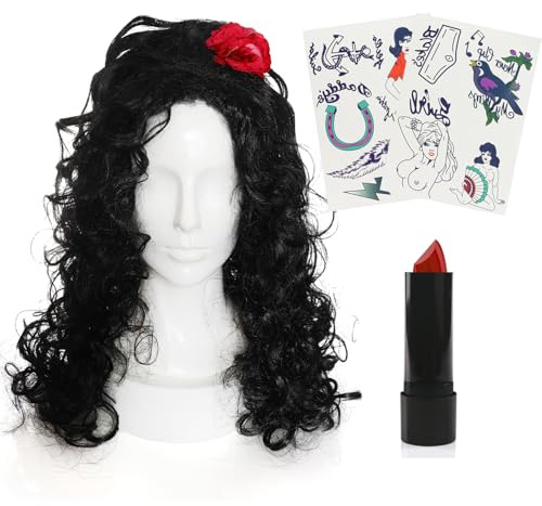 Ladies 00s Singer Accessory Set - Black Beehive Wig, Hipster Temporary Tattoo Sheets, Red Lipstick - Adults Noughties Music Icon Fancy Dress Accessory Set