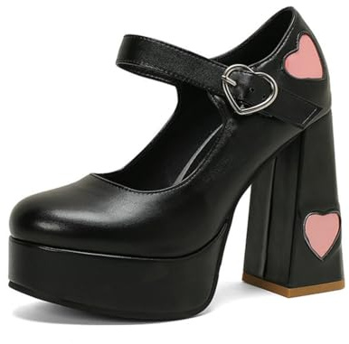 DSKHDZW Femmes Mary Jane Plateforme Talons Chunky Bloc Talon Haut Escarpins Cheville Sangle Rétro Party Escarpins,Noir,44 EU