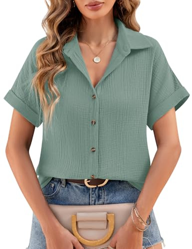 heekpek Women's Blouses Shirts Ladies Summer Top Short Sleeve Cotton Button Down Shirts V Neck Loose Fit Casual Tee Shirts, Light Green, XL