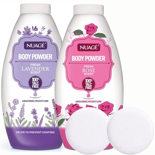 New Nuage Talc Free Body Powder, Lavender & Rose Scent, 250g, 2 Pack with 2X Upgraded Powder Puffs, Anti-Chafing, Absorbs Moisture for Men & Women | AJ Traders Bundle |
