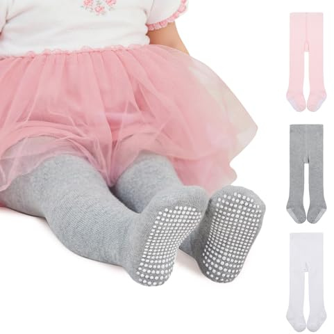 Zando 3 Pack Baby Girl Tights Knit Toddler Stockings Grey White Pink 1-2 T