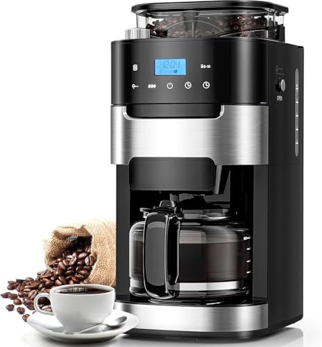 10-Cup Drip Coffee Maker with Built-in Grinder, Programmable Grind & Brew, 220g Bean Hopper, Adjustable Grind Size & Coffee Strength, Descaling Alert, 24H Timer, 2H Keep Warm, LED Touchscreen