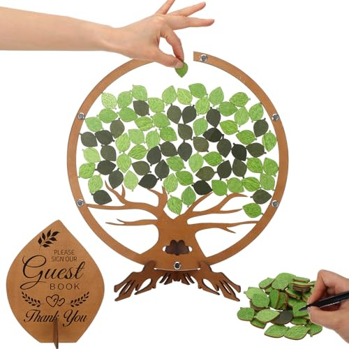 FUXIHUAYA Wedding Guest Book Alternative with 60 Green Leaves Wooden Personalised Tree Wedding Guest Book for Bridal Baby Shower Wedding Birthday Baptism Decoration Memorial Days