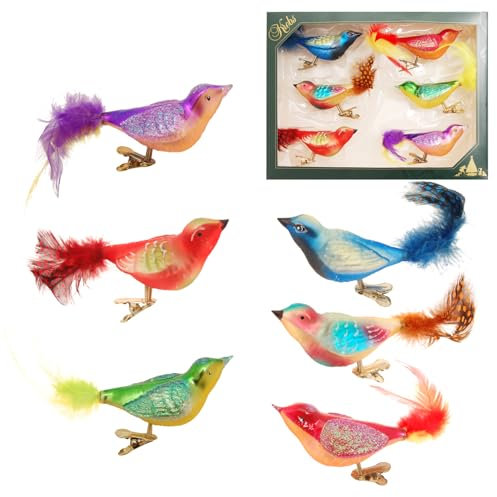 Krebs Glas Lauscha - Weihnachtsdekoration/Christbaumschmuck aus Glas - Fantasievogelsortiment auf Clip - Menge: 6 Stück - Farbe: Multicolor - Größe: ca. 11 cm