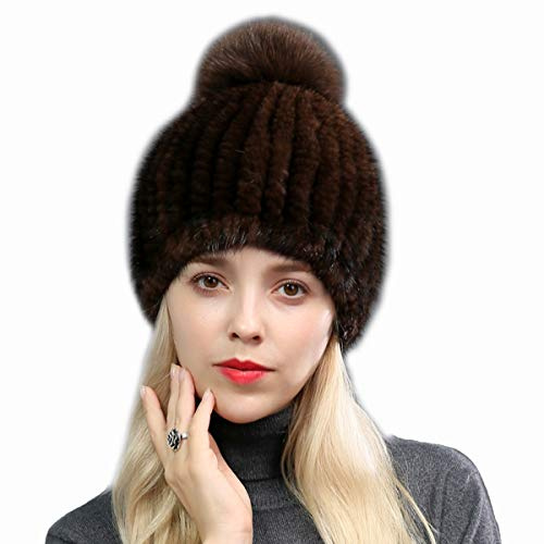 DTLDYG Femme Fourrure Chapeau Fourrure de Vison Hat Pom Pom Bonnet d'hiver Chaud (Marron)
