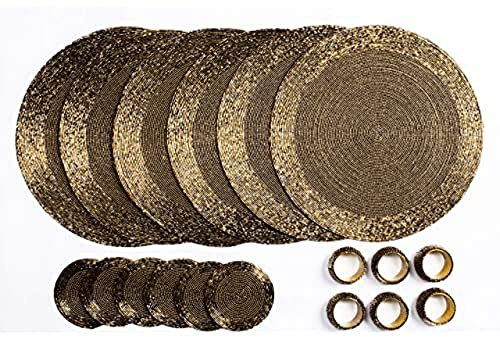 Penguin Home® Set med 18 bordstabletter i glaspärlor, underlägg och servettringar – antik guldfärg – runda bordstabletter – handgjorda av erfarna indiska hantverkare – 32, set med 18