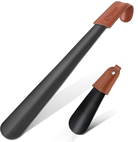 ZOMAKE Calzador de Zapatos 2 Piezas,42cm Largo Metalico Calzadores Largos para Personas Mayores con Correa Cuero,17cm Acero Inoxidable Shoe Horn Fácil de Utilizar(2 Piezas Negras B)
