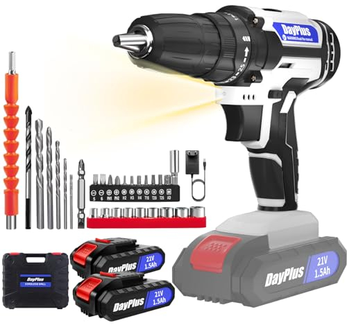 Huini Akku-Schlagbohrmaschine mit 21 V, mit 2 Batterien 1,5 Ah, elektrischer Schraubendreher, 25 + 1 Drehmomenteinstellung, 45 Nm, 2 Geschwindigkeiten, 29 Zubehör, LED-Licht, für Heimwerker