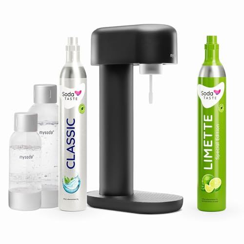 Sparpaket: Mysoda Ruby - Wassersprudler aus Aluminium mit 1L und 0,5L BPA-freier Plastikflasche, CO2-Zylinder Classic + CO2-Zylinder Limette (Schwarz)