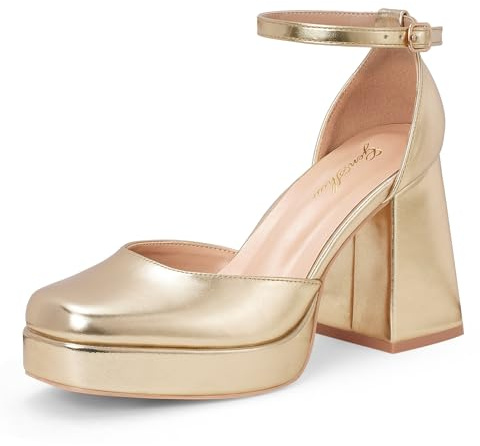 GENSHUO Zapatos de Tacón de Plataforma Gruesos para Mujer Tacones de Punta Cuadrada Cerrados de 10 CM con Vestido con Correa en el Tobillo Zapatos de Fiesta de Boda, Dorado, EU 38