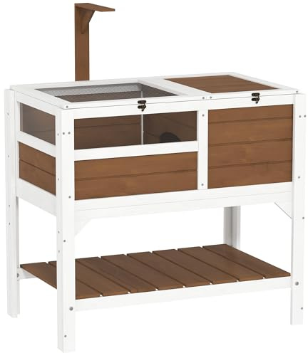 PawHut Tortoise House w/Shelf, Small Pet Reptile Wooden House w/Hide Shelter Den and Run, Lamp Holder, Tray, for Indoors, Outdoors - Brown