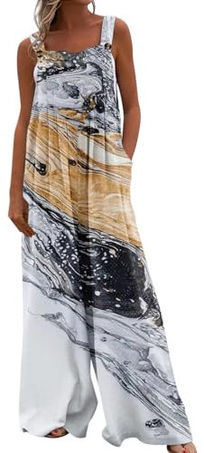 Azruma Hawaii Outfit Damen, Damen Anzug Sport Outfit Damen Set Frauen Casual Drucken Ärmelloser Weite Bein Jumpsuit Mit Tasche Maleroverall Einweg Weiße Bluse(3-Gray,XL)