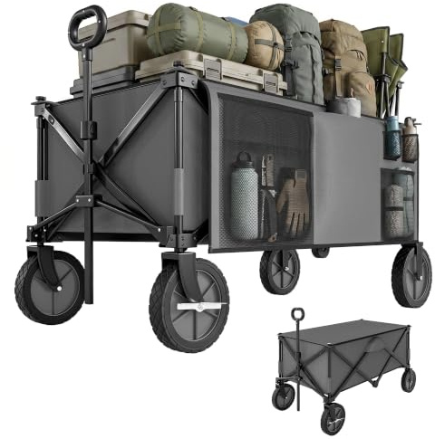 Outsunny Chariot de Transport Pliable 4 Roues, 108 x 55 x 93 cm Gris Foncé | Bâche Amovible, Poignée Télescopique, Inclinaison Réglable, Plateau Pliable, 5 Sacs de Rangement
