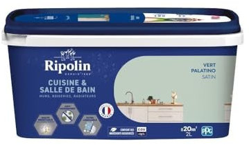 Ripolin - Peinture Intérieure Cuisine et Bain – Murs, Boiseries et Radiateurs - Adapté Pièces Humides - Effet Perlant - Lessivable - Haute Résistance - Vert Palatino - Satin - 2L