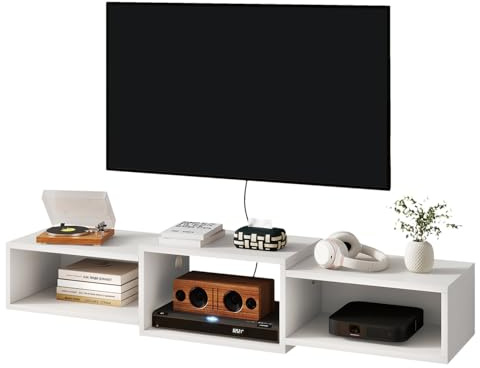 IBUYKE Floating TV Stand Wall Mounted,Wood TV Cabinet Media Console Shelf,Floating TV Unit for Under TV Storage for Living Room Bedroom Office,White WST013W