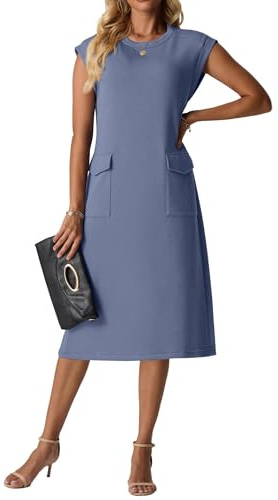 QIXING Womens Sleeveless Summer Knee Length Dress Round Neck Wrinkle-Free Midi Dress with Pocket (Denim Blue, S)