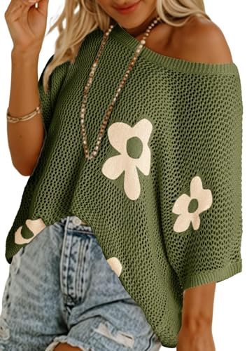 Chicrise Top Crochet Femme Ete Cover Up Col Rond Manches Courtes Tunique Hollow Out Tricot