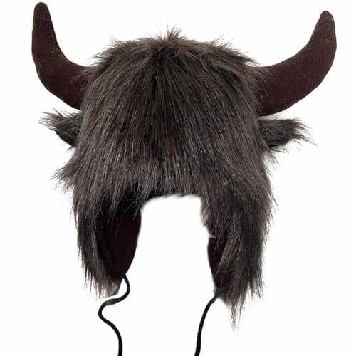 Nidddiv Gorro de búfalo de piloto con cuernos, orejeras peludas, gorro de invierno, cara de búfalo, cubierta de oreja mullida, gorro de oreja, disfraz para adultos