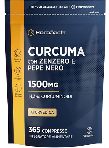 Curcuma Extrakt mit Ingwer und Schwarzem Pfeffer 1500mg | 1 Jahr Vorrat - 365 Vegan Tabletten | Turmeric Complex mit Piperin | Horbaach