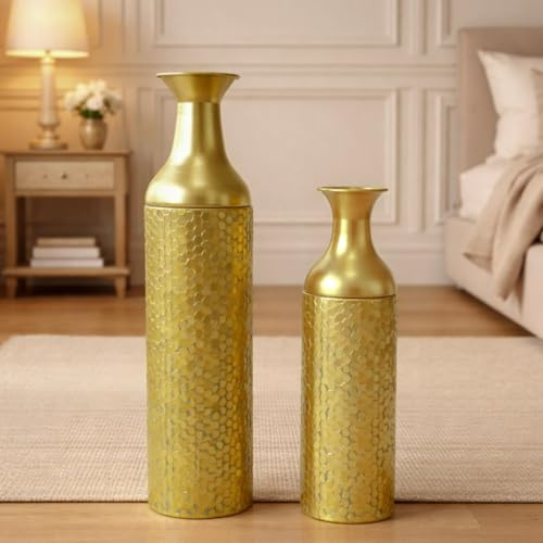 Leewadee Set de 2 Grandes Jarrones de Suelo 53/41 cm - Altos Jarrones de Metal en Dorado para Decoración Hogar