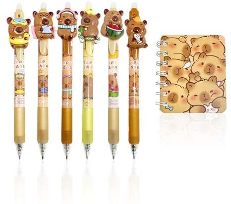 TIMJJG 6 svarta Capybara signaturpennor, 1 Capybara anteckningsblock, raderbar penna, söt kulspetspenna, minianteckningsbok, studentbrevpapper och kontorsmaterial.