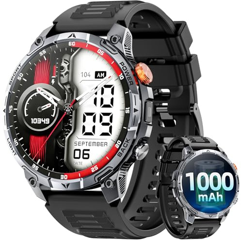 Reloj inteligente militar para hombre, 1000 mAh, batería de 100 días, 1.75'' HD reloj para hombre con llamadas, rastreador de actividad con más de 100 modos deportivos, IP68 impermeable, linterna