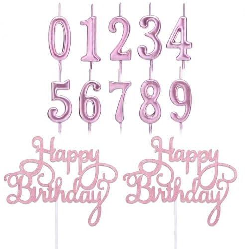 12 pièces bougies d'anniversaire, bougie chiffre,gâteau numéro 0 à 9 ans,2 pièces de décoration de gâteau avec lettres joyeux anniversaire,Gâteau d'Anniversaire (Rose)
