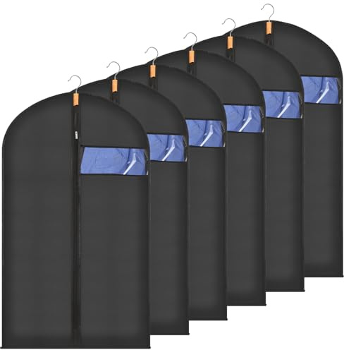 Sevenpers 6 Pack Suit Bags Garment Bags for Hanging Clothes 60x100cm Black | Waterproof Dustproof Moth-proof Clothes Covers with Zip, Suit Storage Bags for Suits, Dresses, Coats, Gowns and Jackets