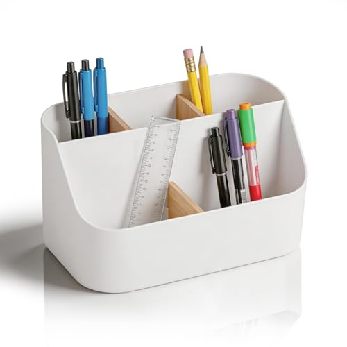 TayBong Organisateur de Bureau en Blanc, 5 Compartiments Organiseur Bureau - Robuste et Résistant - Multifonction Rangement pour Bureau, Salle de Bain, Maquillage et Stylos