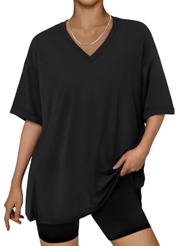 LILLUSORY Oversized T Shirts for Women UK Plus Size Gym Tops V Neck Short Sleeve Tshirts Capsule Wardrobe Clothing Black XL
