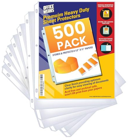 500 Sheet Protectors for 3 Ring Binder, 8.5 x 11 Heavy Duty Clear Plastic Sleeves for Paper, Top Loading Page Protectors, Reinforced 3-Hole Punch, Acid Free Polypropylene, Archival Safe - Office Werks