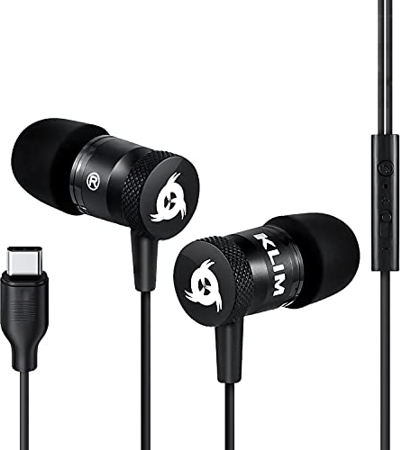 KLIM Fusion C - USB-C Ecouteurs Haute Qualité Audio - Nouveauté - Garantis 5 Ans - Ecouteur Intra-auriculaire avec Mousse à Mémoire de Forme et Microphone - Noir