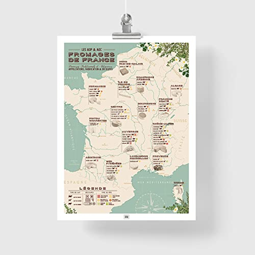 Mapa de queso de Francia, 30 x 40 cm, queso AOC francés – quesos AOP – póster vintage