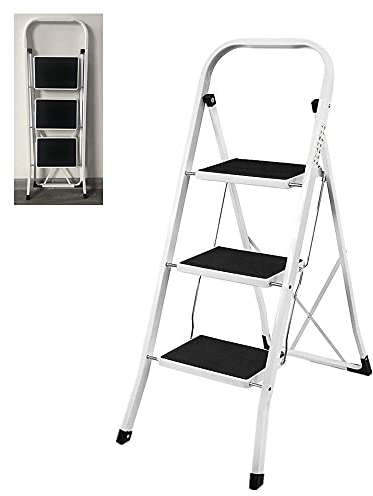 3-Stufen-Leiter, tragbare Faltbare 3-Stufen-Stahlleiter, rutschfeste Trittleiter, Sicherheitsklapp-Hochleistungs-Tritthocker, ideal für Zuhause/Küche/Garage 150 kg maximale Kapazität
