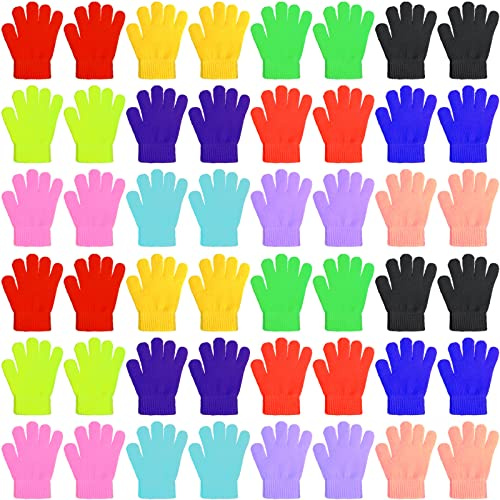 Neer 24 Pairs Kid's Gloves Winter Warm Stretchy Knitted Gloves Bulk Winter Finger Mittens for Boys Girls 7-12 Years(Bright Color)