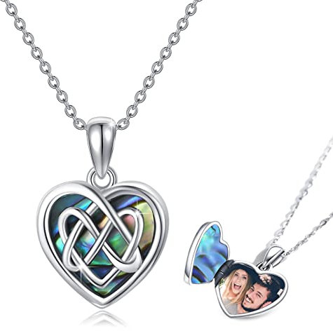 JFASHOP Herz Medaillon Kette 925 Sterling Silber Abalone Foto Anhänger Amulett,Keltische Knoten Halskette zum öffnen für Bilder Muttertags Geschenke für Mutter