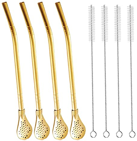 Yerba Mate Lot de 4 cuillères filtrantes amovibles en acier inoxydable et 4 brosses de nettoyage, pailles Bombilla, bâtonnets mélangeurs réutilisables, agitateur en métal pour café, thé (doré)