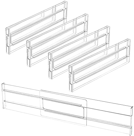 QINERSAW 4 Pezzi Divisori Cassetti Regolabili Separatori per Cassetti in Plastica Trasparente 27,5-52 cm Organizzatore per Cassetti Regolabile per Bagno, Ufficio, Comò, Trucco Conservazione