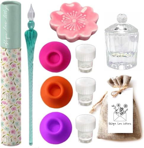 Oblique Love Letters Glass Dip Pen Set Inkwell with Lids, Ink Pot for Glass Fountain Pen Holder