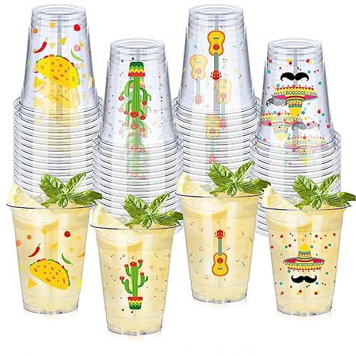 meekoo 100 Pcs 12 oz Fiesta Cup Plastic Mexican Cup Clear Disposable Margarita Glasses Cinco De Mayo Party Decorations for Tequila Birthday Party Drinkware Taco Supplies, 4 Style