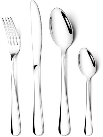 24 teilig Besteck Set für 6 Personen, Edelstahl Essbesteck Set mit Messer Gabel Löffel, Tafelbesteck für Haus/Party/Restaurant, Spülmaschinenfest & Hochglanzpoliert